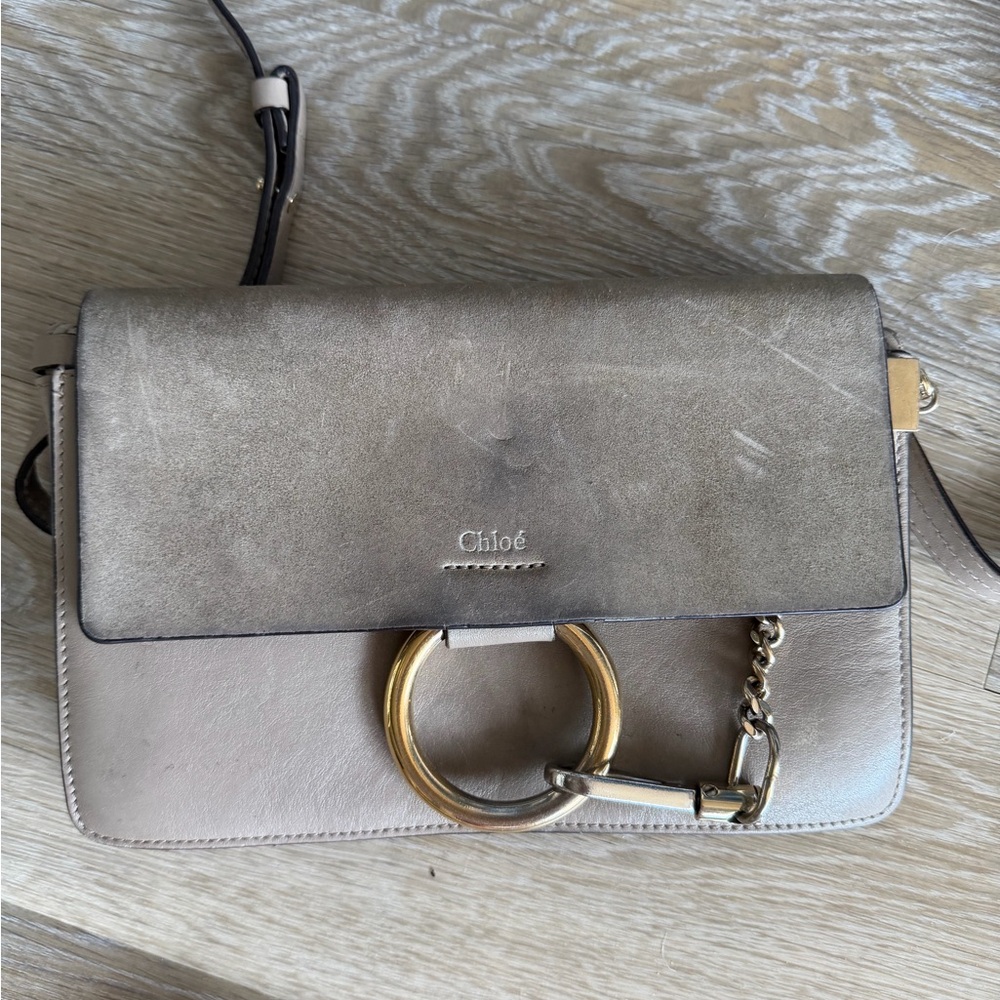 Chloé Two-Tone Taupe Leather and Suede Crossbody with Gold Ring